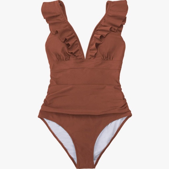 Cupshe Other - NWT Cupshe Rust One Piece Swimsuit Ruffle V Neck Lace Up Swim Suit Size XL